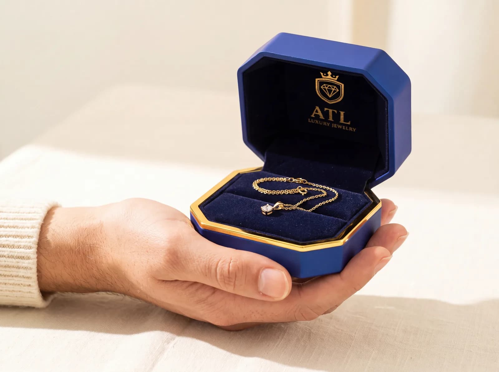 One hand cradling the store's open royal blue jewelry box from underneath, a fine gold chain with a small diamond pendant coiled inside on navy velvet.