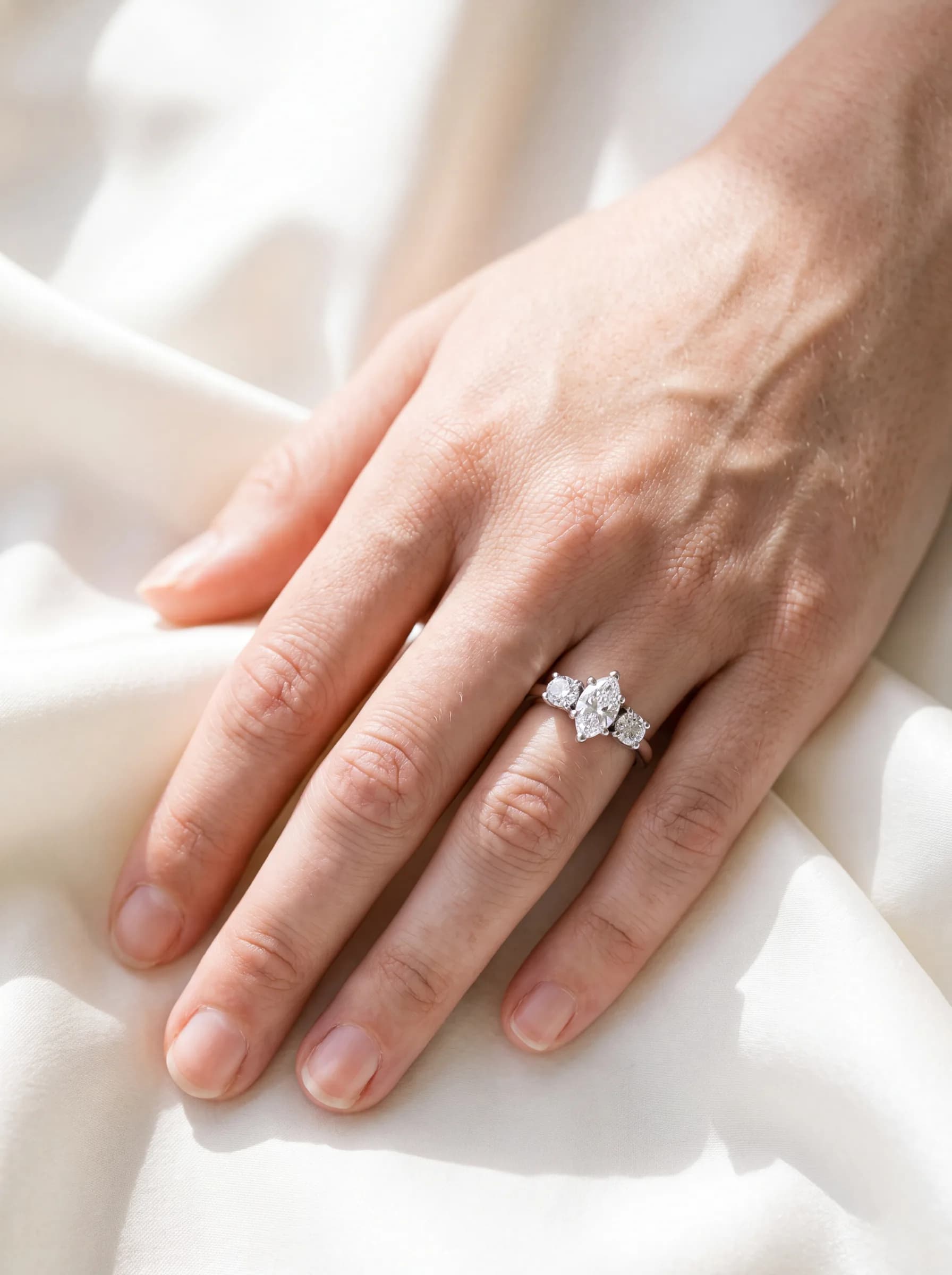 A woman's hand resting on rumpled ivory silk, wearing a three-stone diamond ring with an oval centre stone flanked by two round side stones.