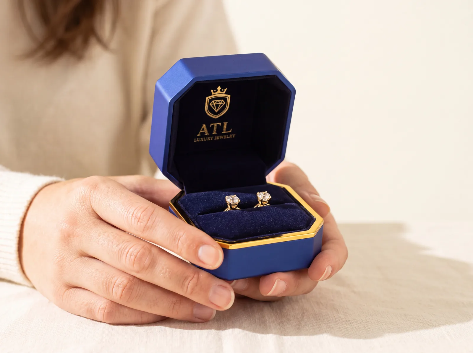 Hands holding open a royal blue octagonal jewelry box with a gold crowned-diamond crest and ATL Luxury Jewelry wordmark on the lid, a pair of yellow gold diamond stud earrings seated in the navy velvet, a cream sweater soft out of focus behind.