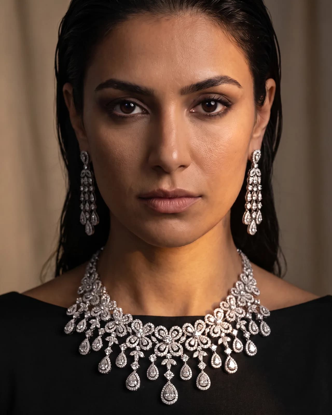 Woman wearing a white gold diamond bib necklace and matching chandelier drop earrings from ATL Luxury Jewelry in Atlanta