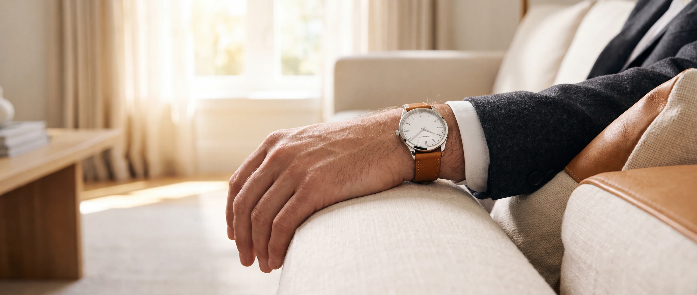 A man's hand and wrist resting on the arm of a pale cream linen chair, wearing a slim polished steel watch with a plain white dial and no visible branding on a tan leather strap, a dark suit cuff at the edge of the frame.